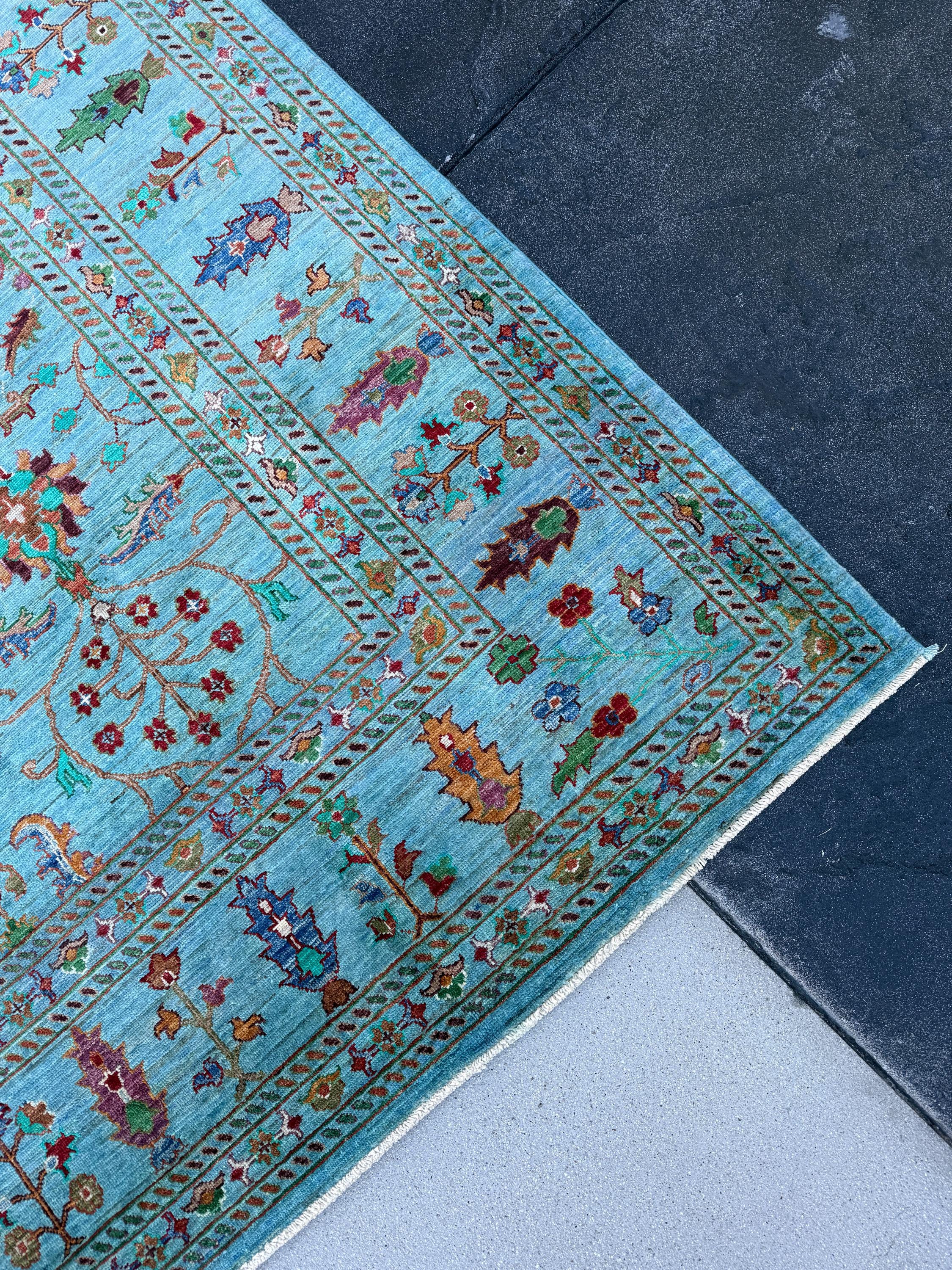 9x12 (274x360) Hand Knotted Afghan Rug | Turquoise Powder Navy Blue Teal Sage Green Maroon Terracotta Magenta Saffron Gold Taupe Cream Ivory