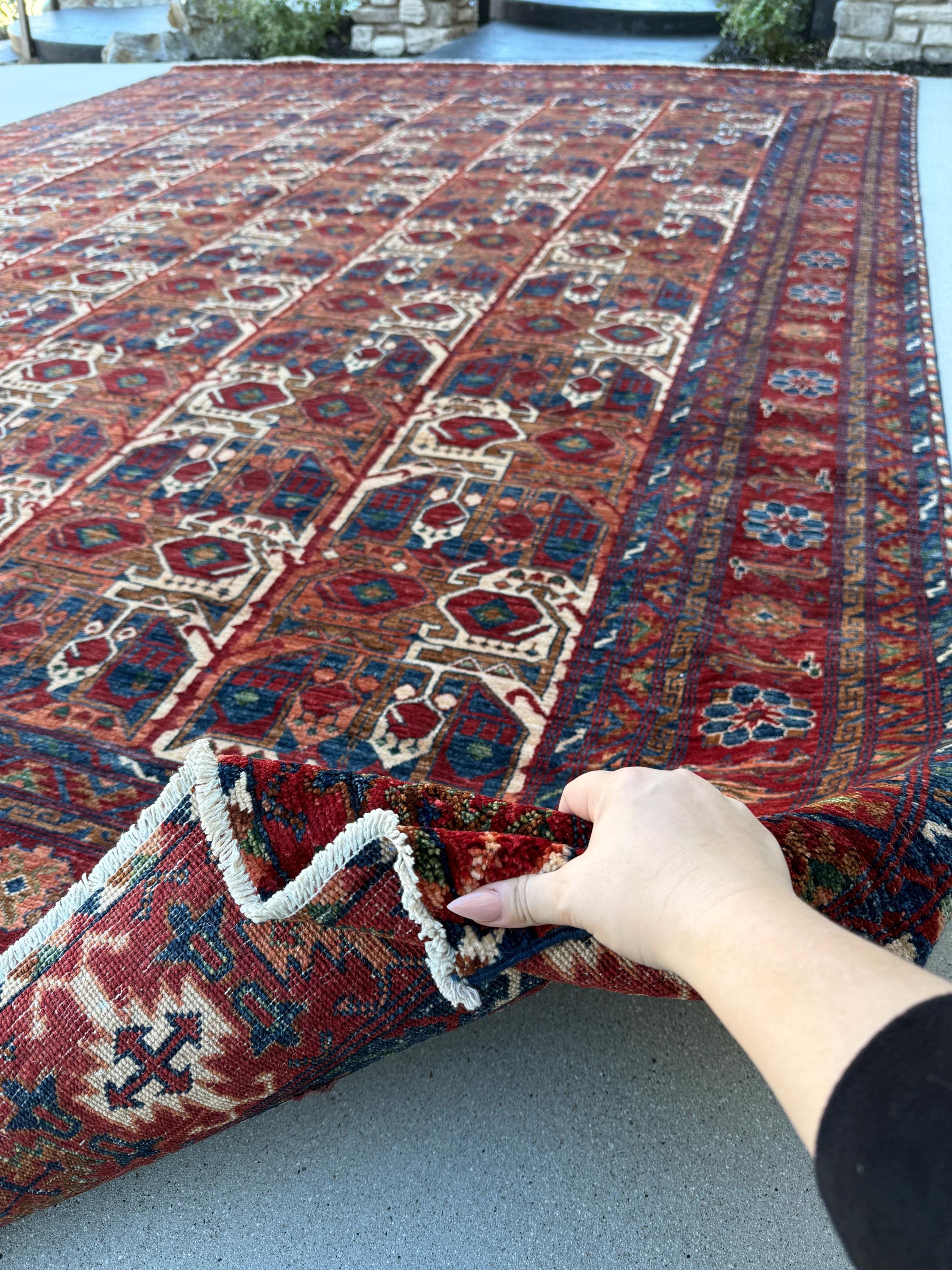 10x13 (312 x 421) Handmade Afghan Rug | Maroon Brick Red Burnt Rust Terracotta Navy Prussian Blue Saffron Gold Beige Ivory Taupe Mocha Brown