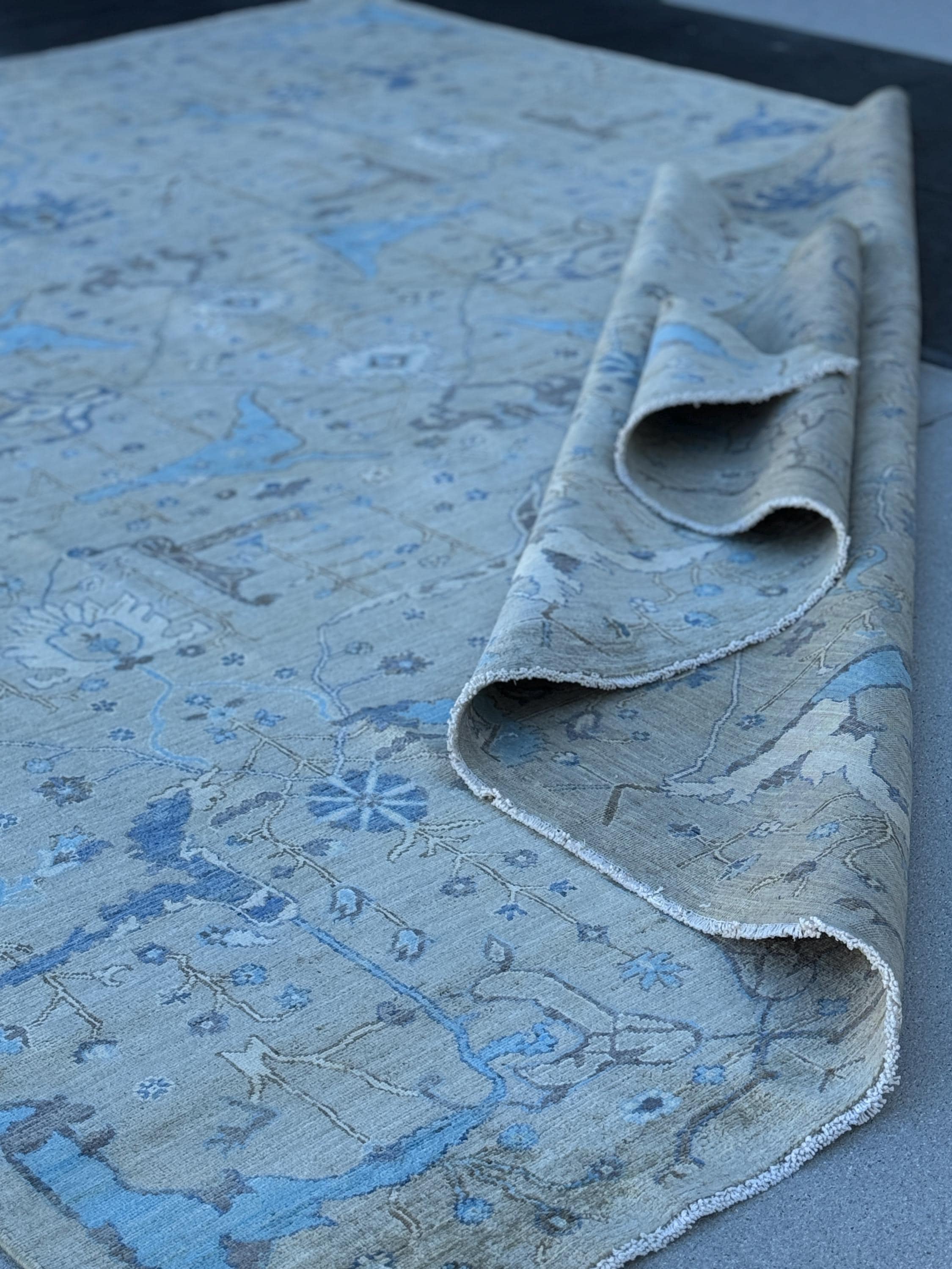 10x14 Handmade Afghan Wool Rug | Grey and Blue Oushak Design | Hand-Knotted Oriental Area Rug