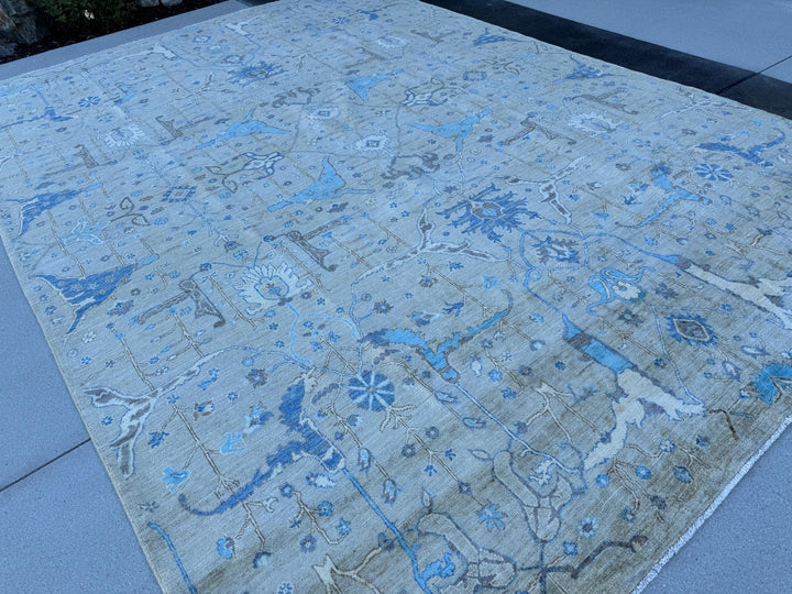 10x14 Handmade Afghan Wool Rug | Grey and Blue Oushak Design | Hand-Knotted Oriental Area Rug