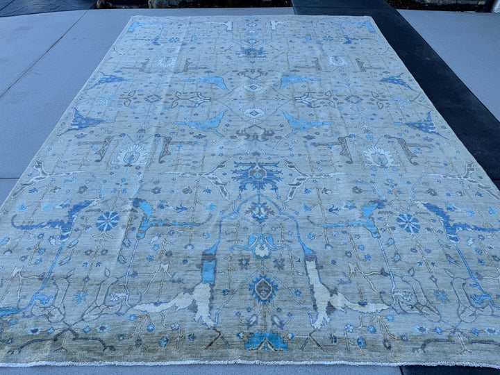 9x12 (275x365) Handmade Afghan Rug | Neutral Soft Muted Beige Grey Cream Blue Taupe | Wool Turkoman Classic Traditional Floral Vintage