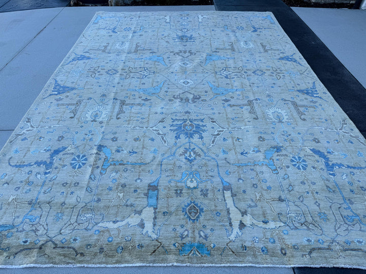 10x14 Handmade Afghan Wool Rug | Grey and Blue Oushak Design | Hand-Knotted Oriental Area Rug