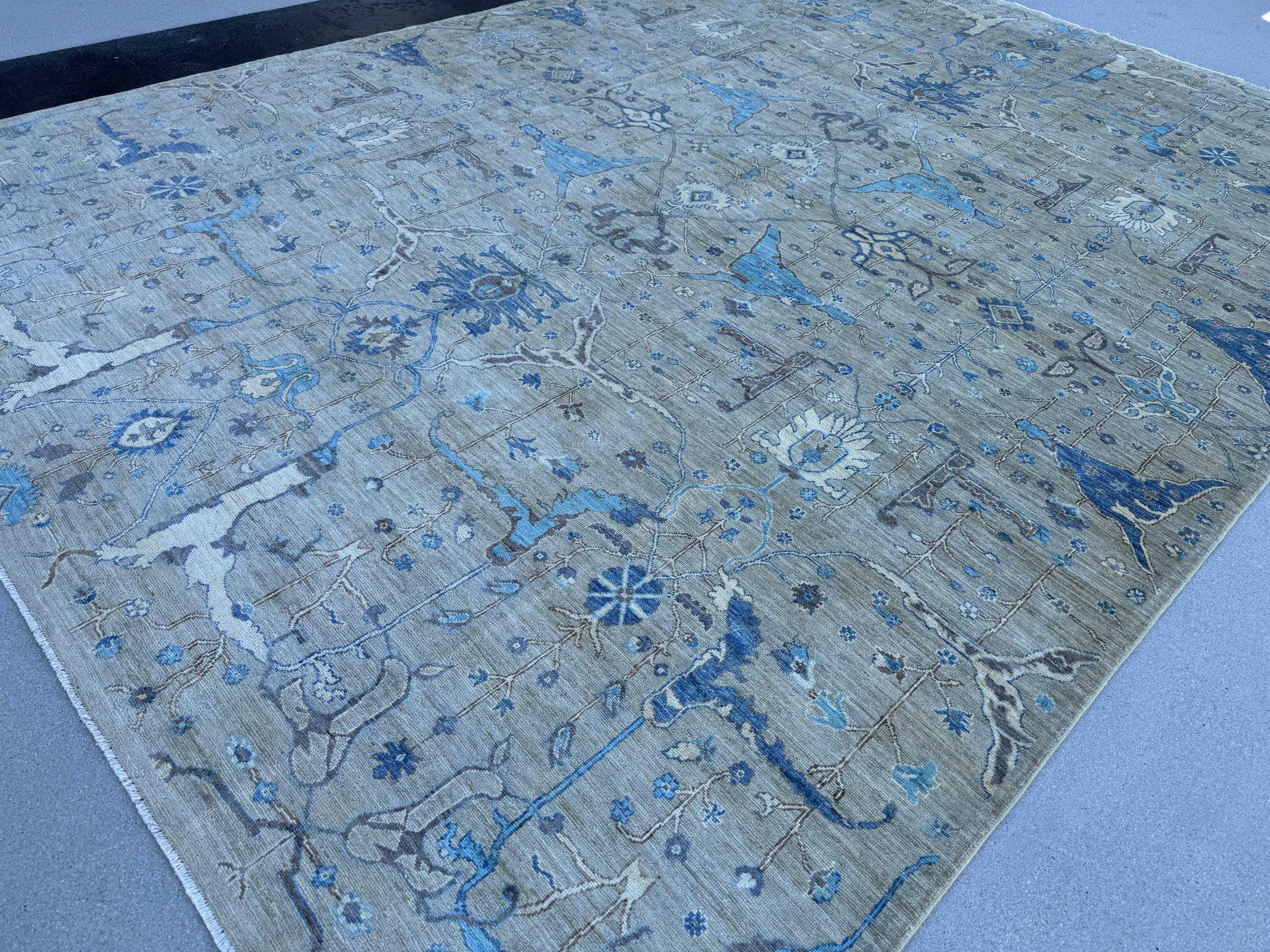 10x14 Handmade Afghan Wool Rug | Grey and Blue Oushak Design | Hand-Knotted Oriental Area Rug