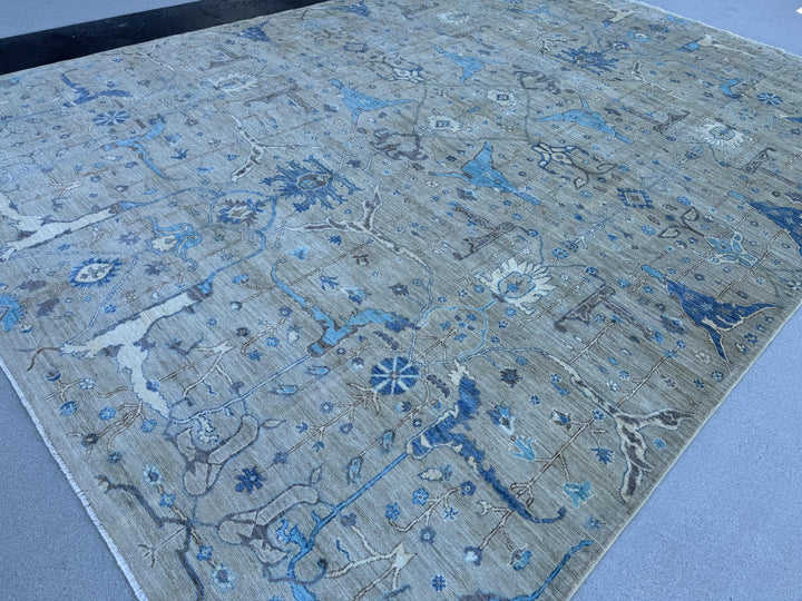 10x14 Handmade Afghan Wool Rug | Grey and Blue Oushak Design | Hand-Knotted Oriental Area Rug