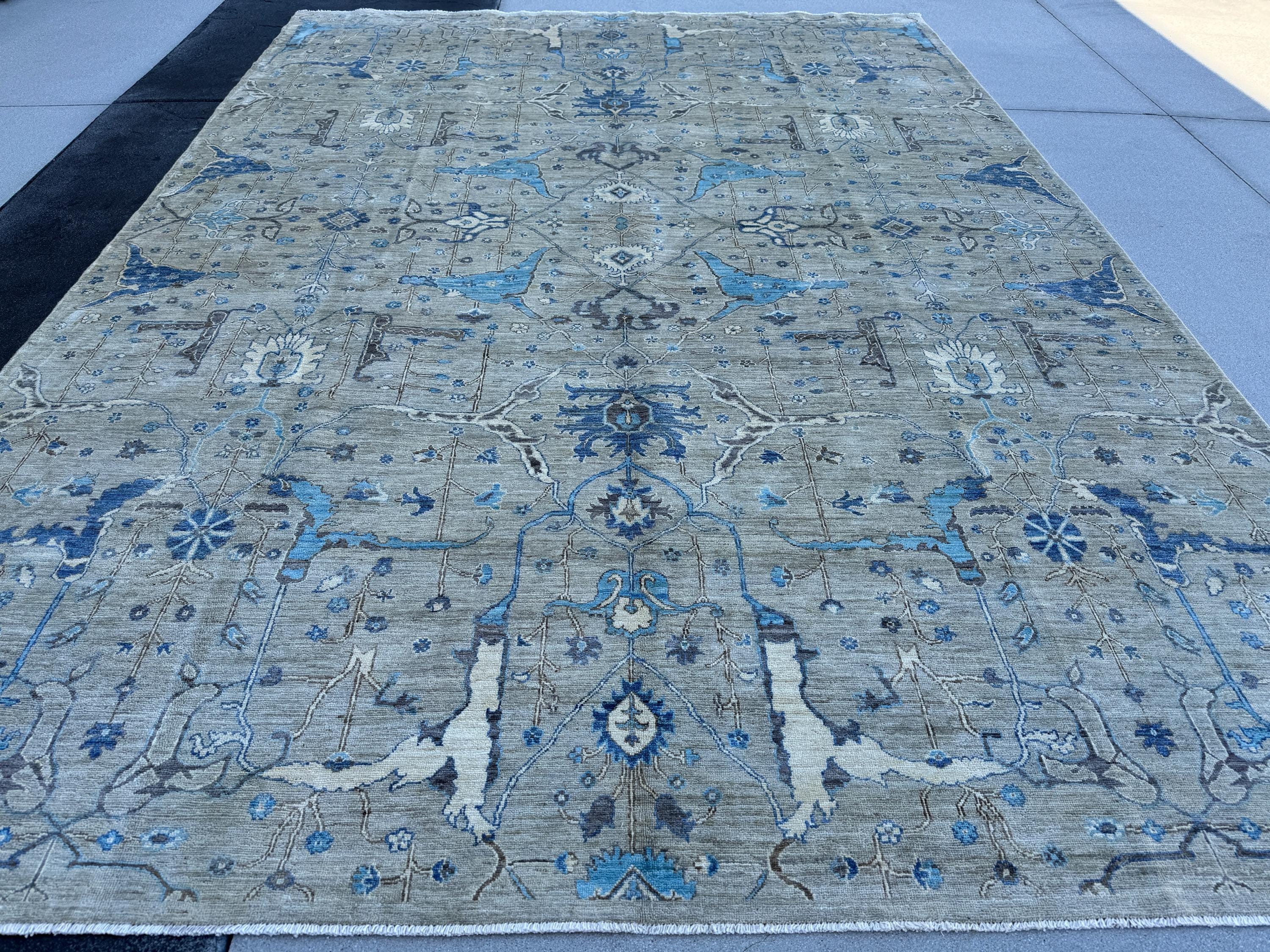 10x14 Handmade Afghan Wool Rug | Grey and Blue Oushak Design | Hand-Knotted Oriental Area Rug