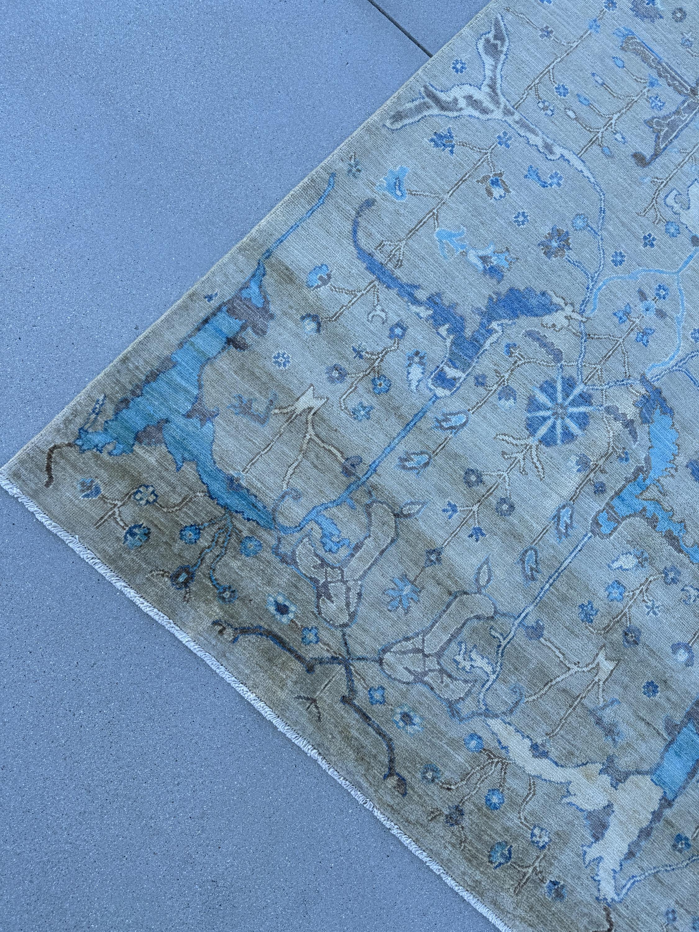 10x14 Handmade Afghan Wool Rug | Grey and Blue Oushak Design | Hand-Knotted Oriental Area Rug