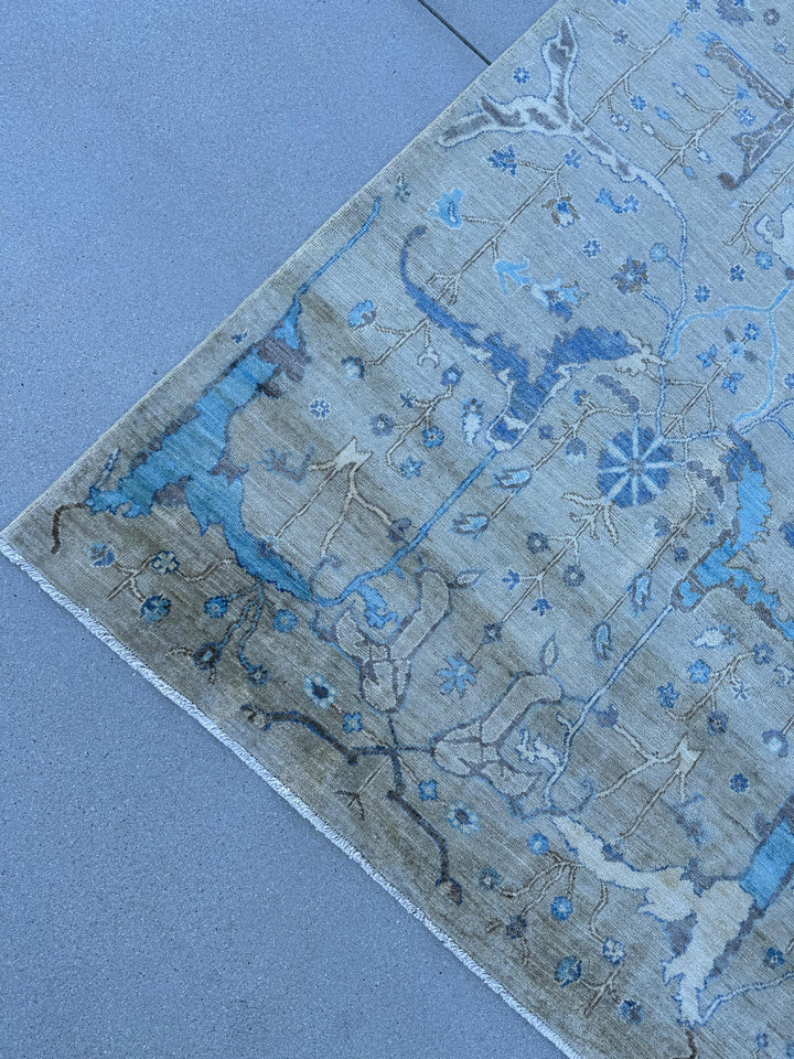 10x14 Handmade Afghan Wool Rug | Grey and Blue Oushak Design | Hand-Knotted Oriental Area Rug