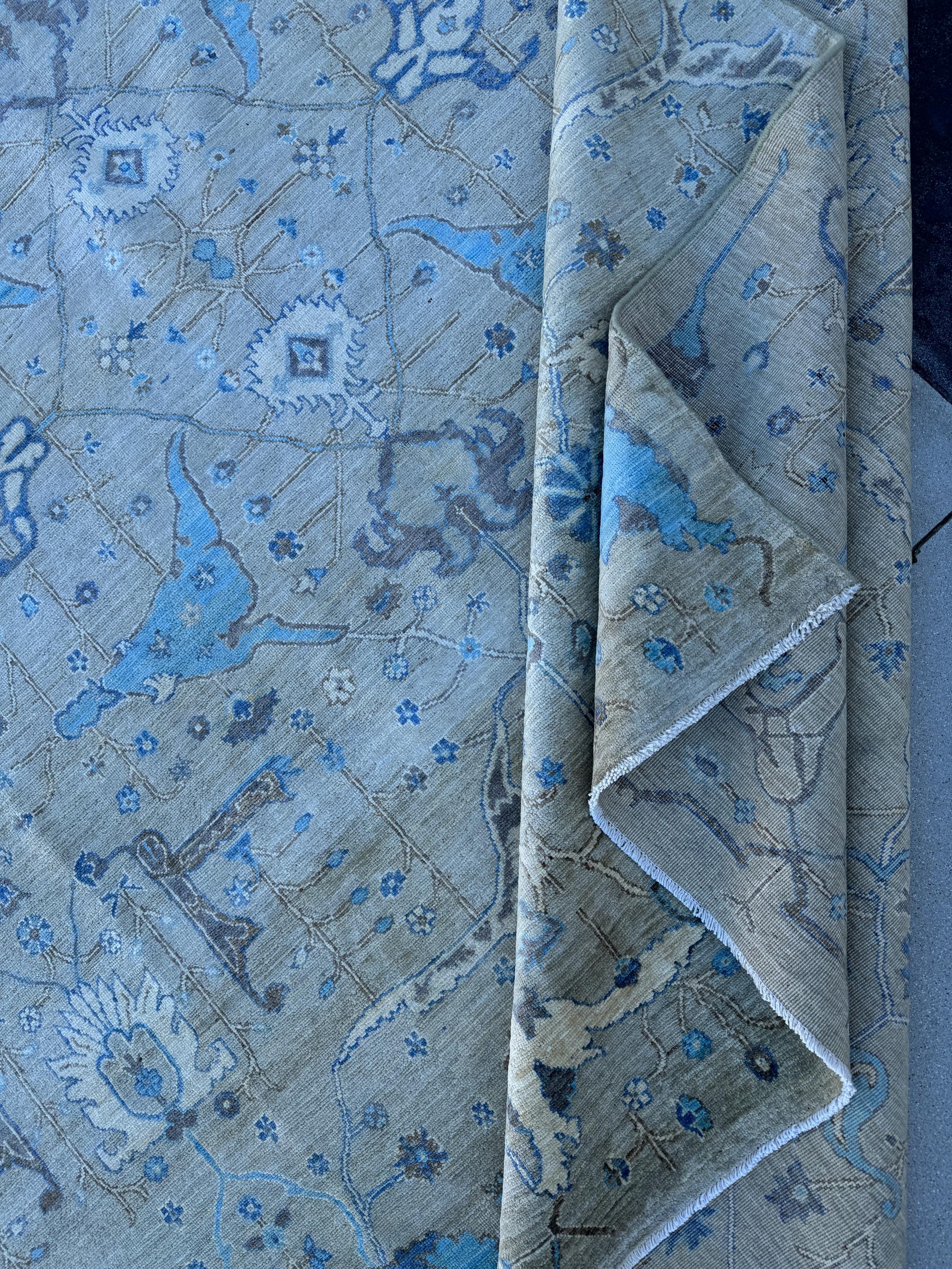 10x14 Handmade Afghan Wool Rug | Grey and Blue Oushak Design | Hand-Knotted Oriental Area Rug