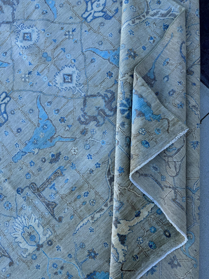 10x14 Handmade Afghan Wool Rug | Grey and Blue Oushak Design | Hand-Knotted Oriental Area Rug