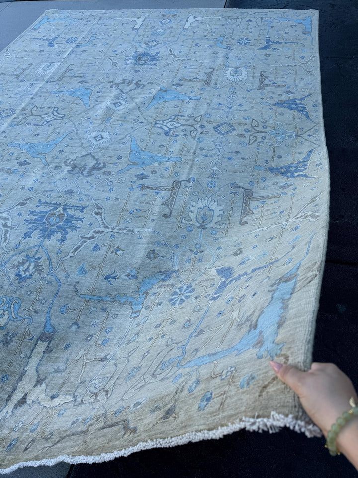 10x14 Handmade Afghan Wool Rug | Grey and Blue Oushak Design | Hand-Knotted Oriental Area Rug
