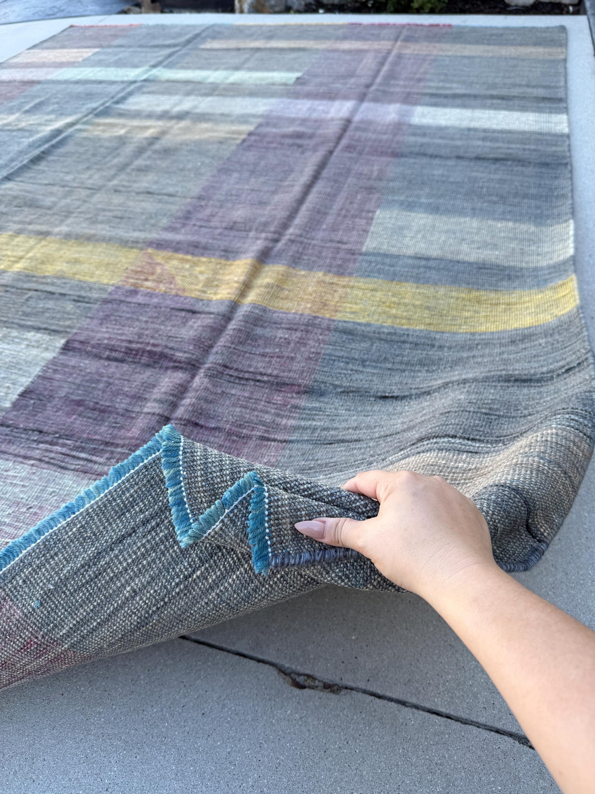 8x10 Handmade Afghan Kilim Rug | Denim Powder Blue Eggplant Lilac Purple Gold Saffron Mustard Yellow Grey Gray Cream White Faded | Wool Boho