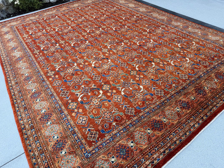 9x11-12 (270x365) Handmade Afghan Rug | Garnet Brick Red Terracotta Navy Denim Blue Teal Moss Green Rust Orange Gold Taupe Ivory Cream Beige