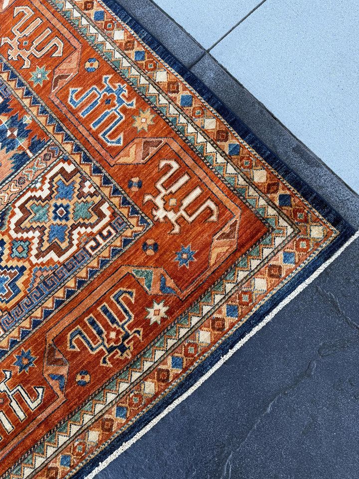 9x12 Handmade Afghan Rug | Terracotta Rust Burnt Orange Saffron Mustard Yellow Gold Copper Caramel Brown Beige Cream Navy Denim Blue Teal