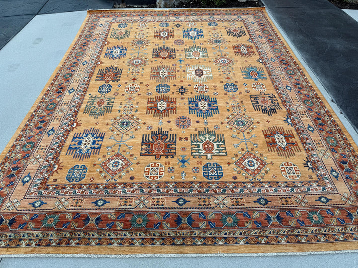 9x12 Handmade Afghan Rug | Mustard Yellow Terracotta Rust Burnt Orange Saffron Gold Copper Caramel Brown Beige Cream Navy Denim Blue Teal