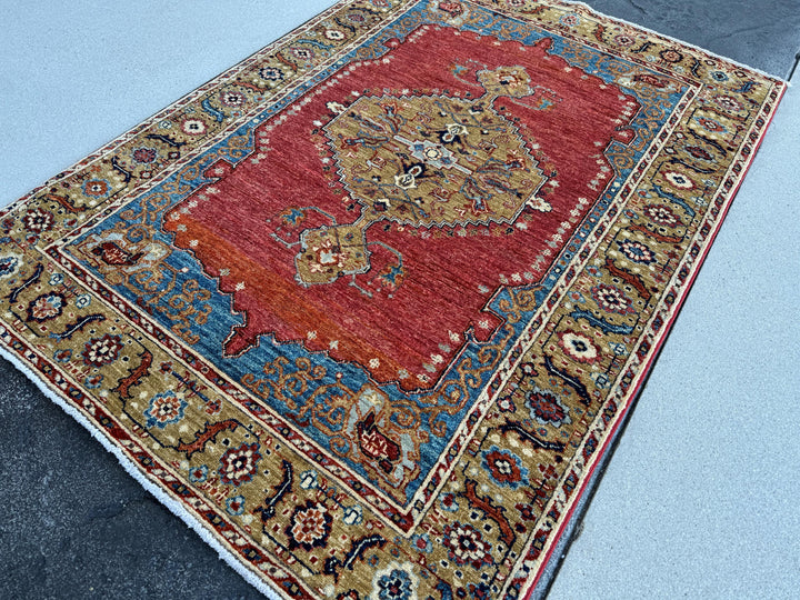 4x6 (120x185) Handmade Afghan Rug | Red Navy Sky Blue Cream Beige Gold Yellow Green | Wool Handknotted Tribal Persian Medallion Borders