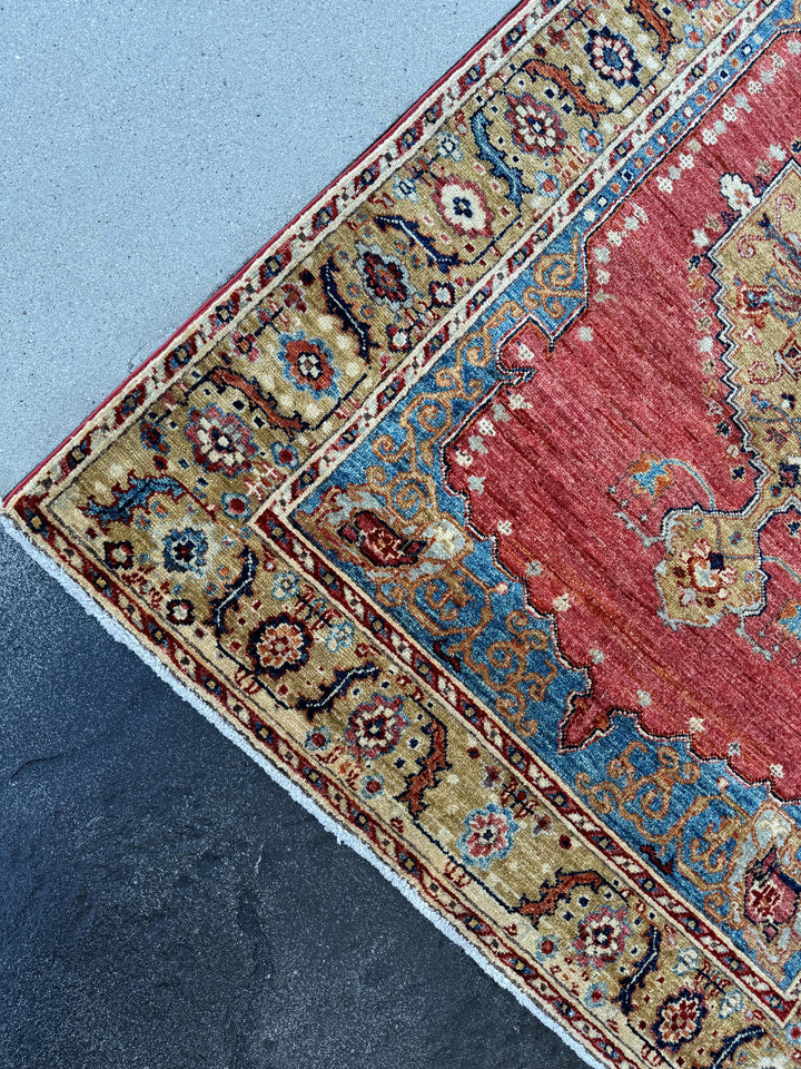 4x6 (120x185) Handmade Afghan Rug | Red Navy Sky Blue Cream Beige Gold Yellow Green | Wool Handknotted Tribal Persian Medallion Borders