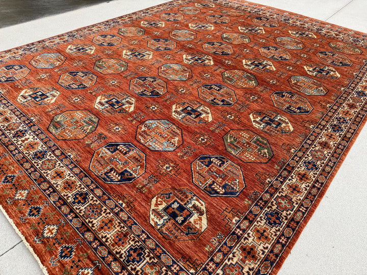 9x12 (279x368) Handmade Afghan Rug | Terracotta Rust Burnt Orange Brick Red Denim Midnight Baby Blue Hazel Moss Pine Green Warm Taupe Beige