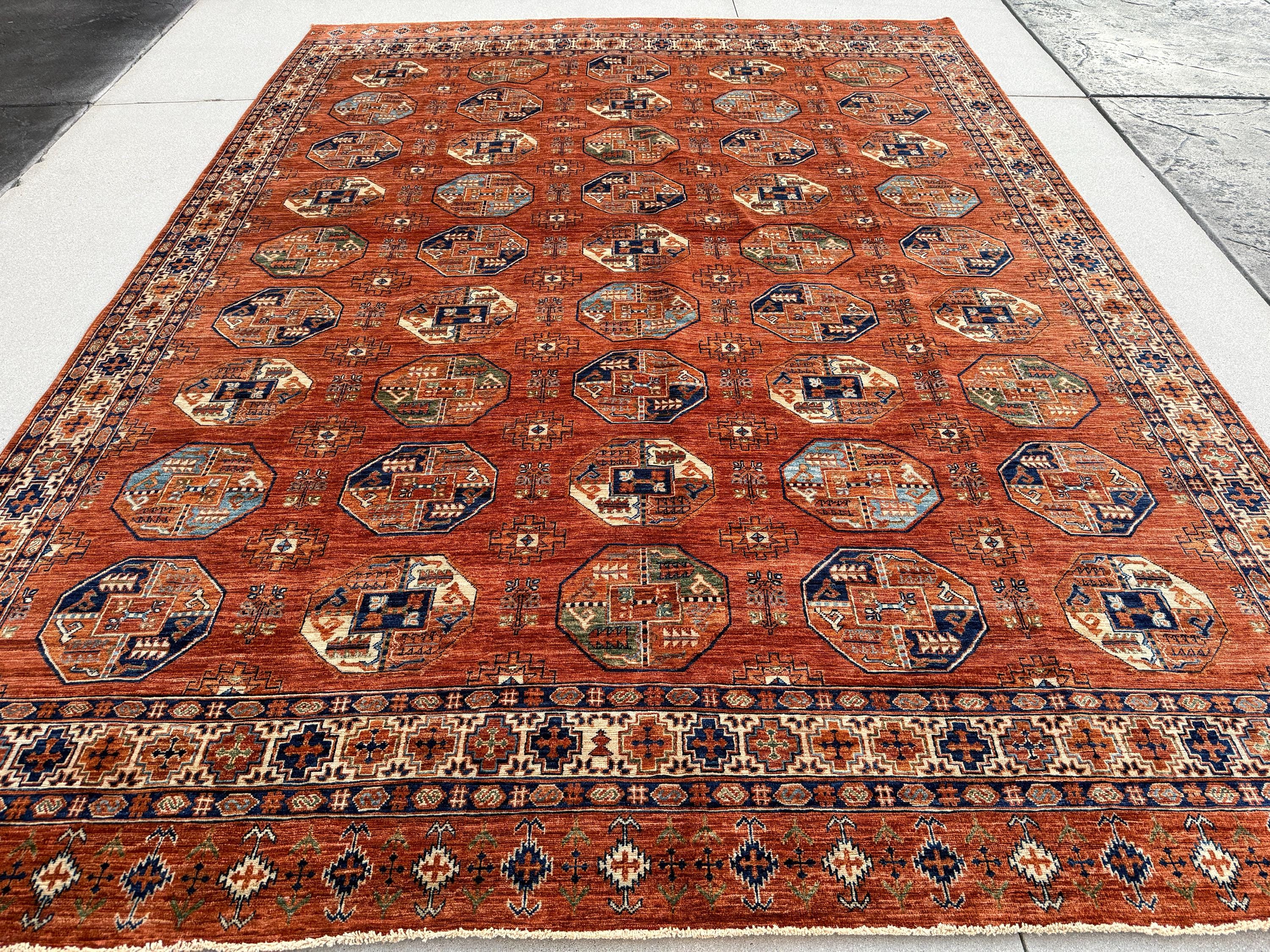 9x12 (279x368) Handmade Afghan Rug | Terracotta Rust Burnt Orange Brick Red Denim Midnight Baby Blue Hazel Moss Pine Green Warm Taupe Beige