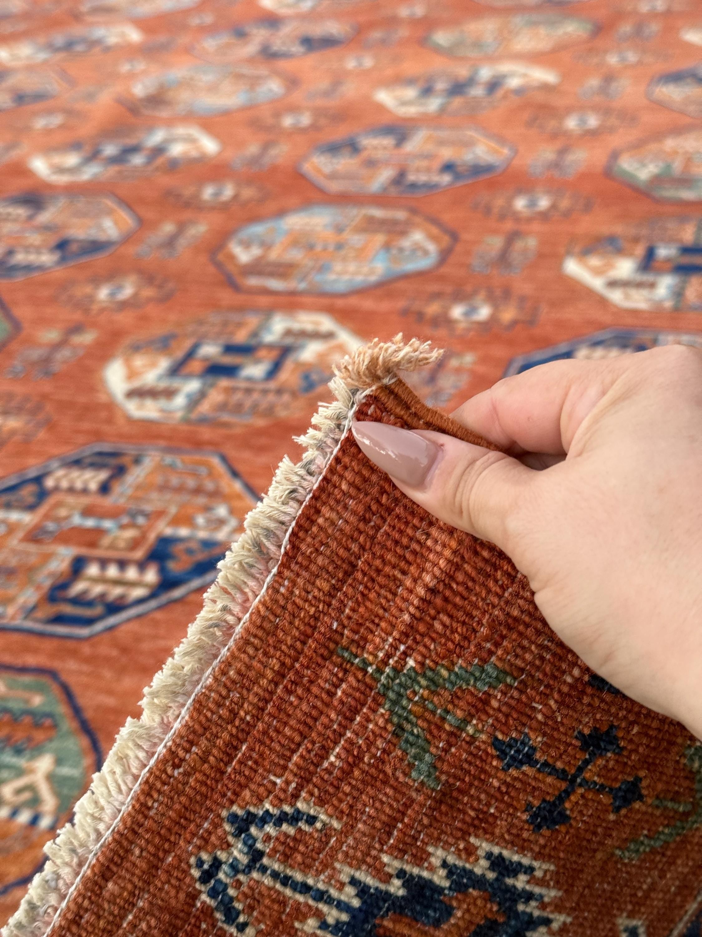 9x12 (279x368) Handmade Afghan Rug | Terracotta Rust Burnt Orange Brick Red Denim Midnight Baby Blue Hazel Moss Pine Green Warm Taupe Beige