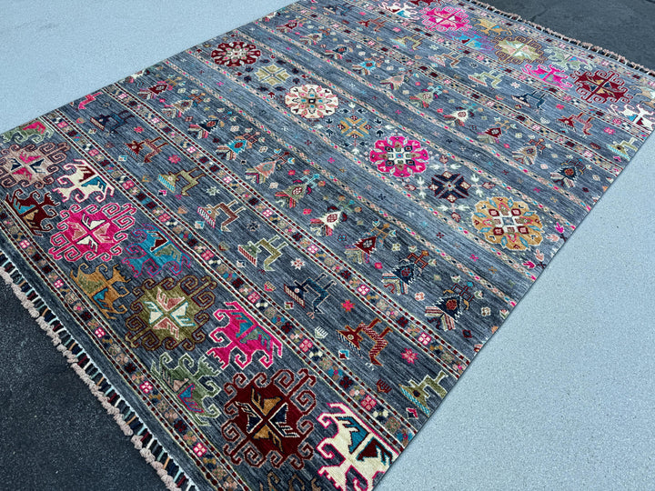 5x7 Handmade Afghan Rug | Prussian Navy Blue Fuchsia Pink Cherry Red Gold Cream Green Teal | Gabbeh Animals Wool Handknotted Tribal Persian