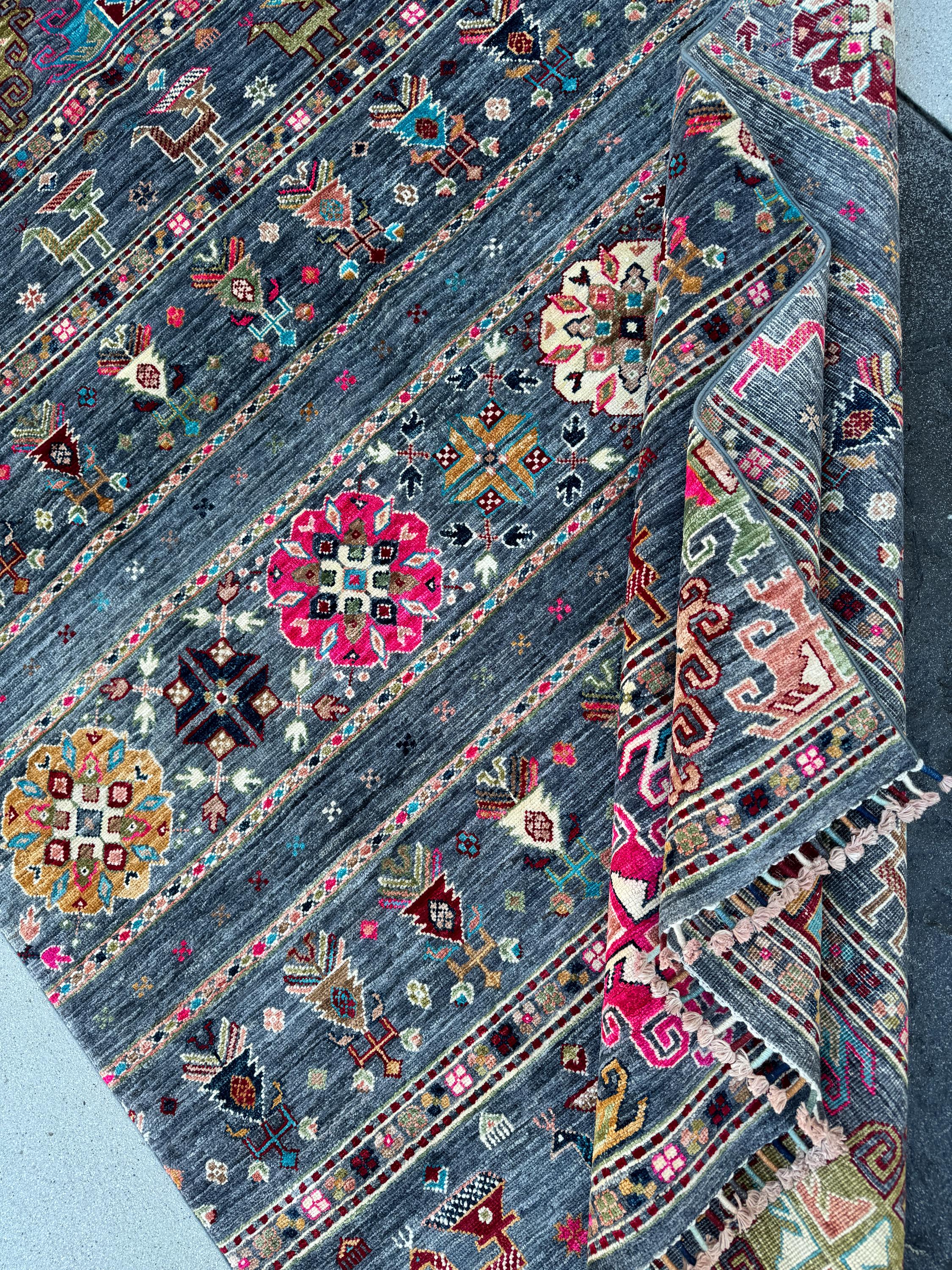 5x7 Handmade Afghan Rug | Prussian Navy Blue Fuchsia Pink Cherry Red Gold Cream Green Teal | Gabbeh Animals Wool Handknotted Tribal Persian