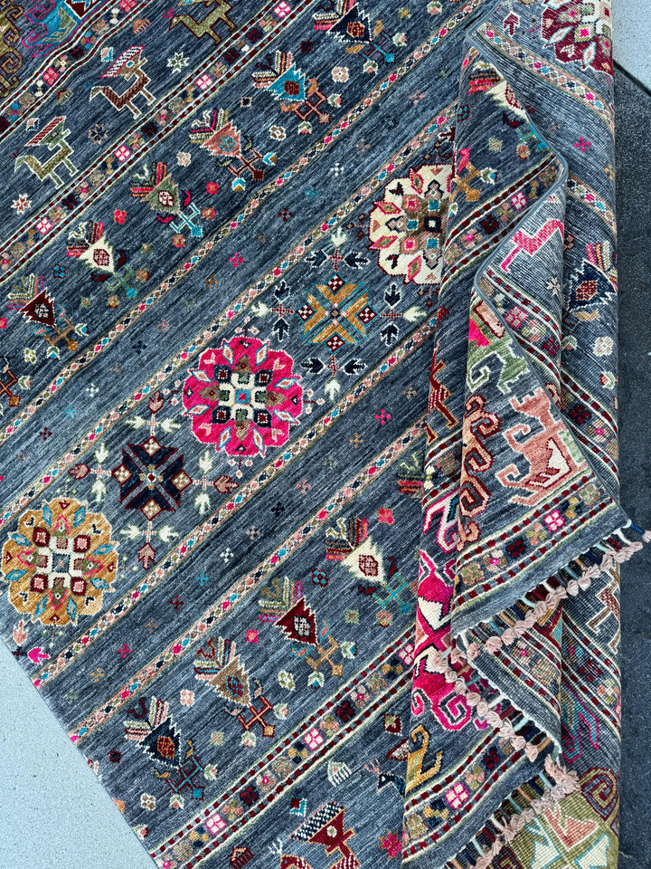 5x7 Handmade Afghan Rug | Prussian Navy Blue Fuchsia Pink Cherry Red Gold Cream Green Teal | Gabbeh Animals Wool Handknotted Tribal Persian