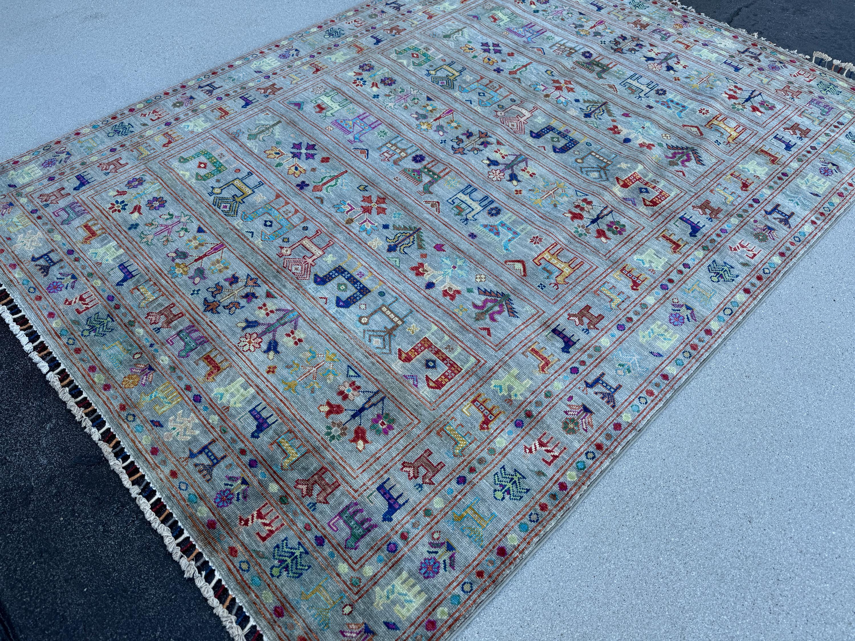 5x7 Handmade Afghan Rug | Muted Sky Blue Teal Beige Cream Off-White Red Golden Yellow Forest Green Lavender Purple | Wool Handknotted Gabbeh