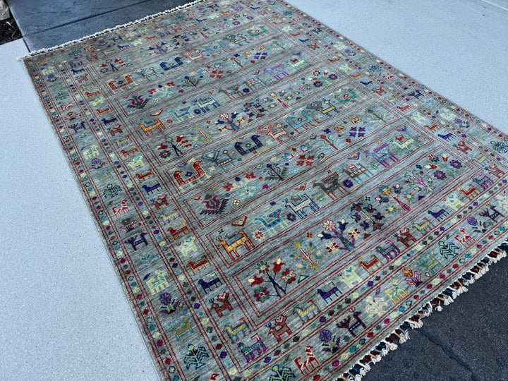 5x7 Handmade Afghan Rug | Muted Sky Blue Teal Beige Cream Off-White Red Golden Yellow Forest Green Lavender Purple | Wool Handknotted Gabbeh