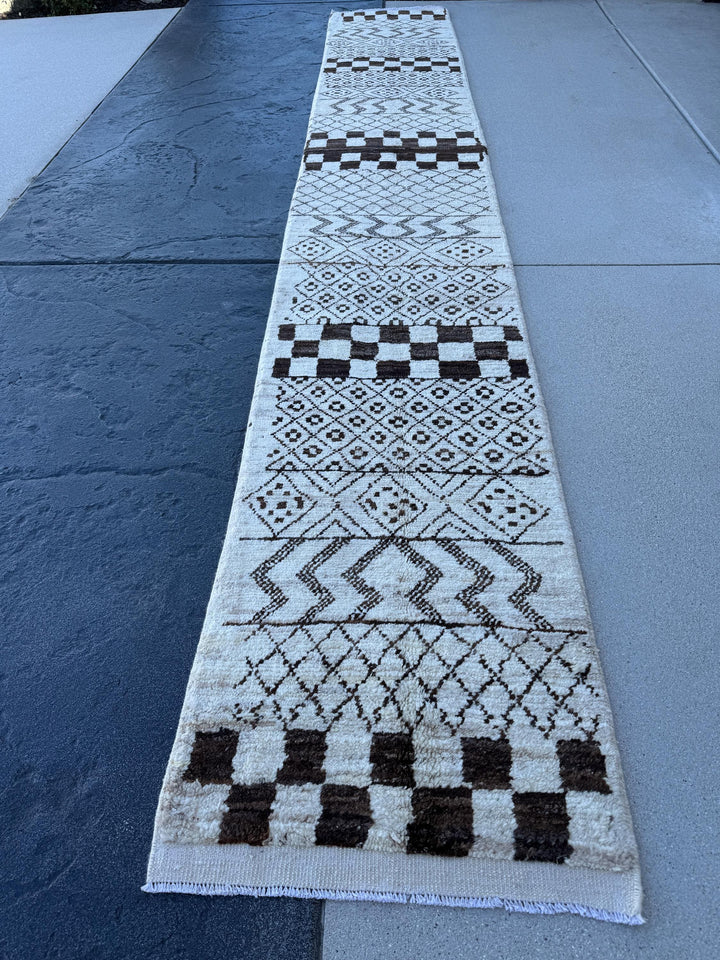 2x15 Handmade Afghan Moroccan Rug | Ivory Cream Dark Brown Light Beige Grayish Taupe | Berber Beni Ourain Mrirt Boujad Flokati Wool Entryway