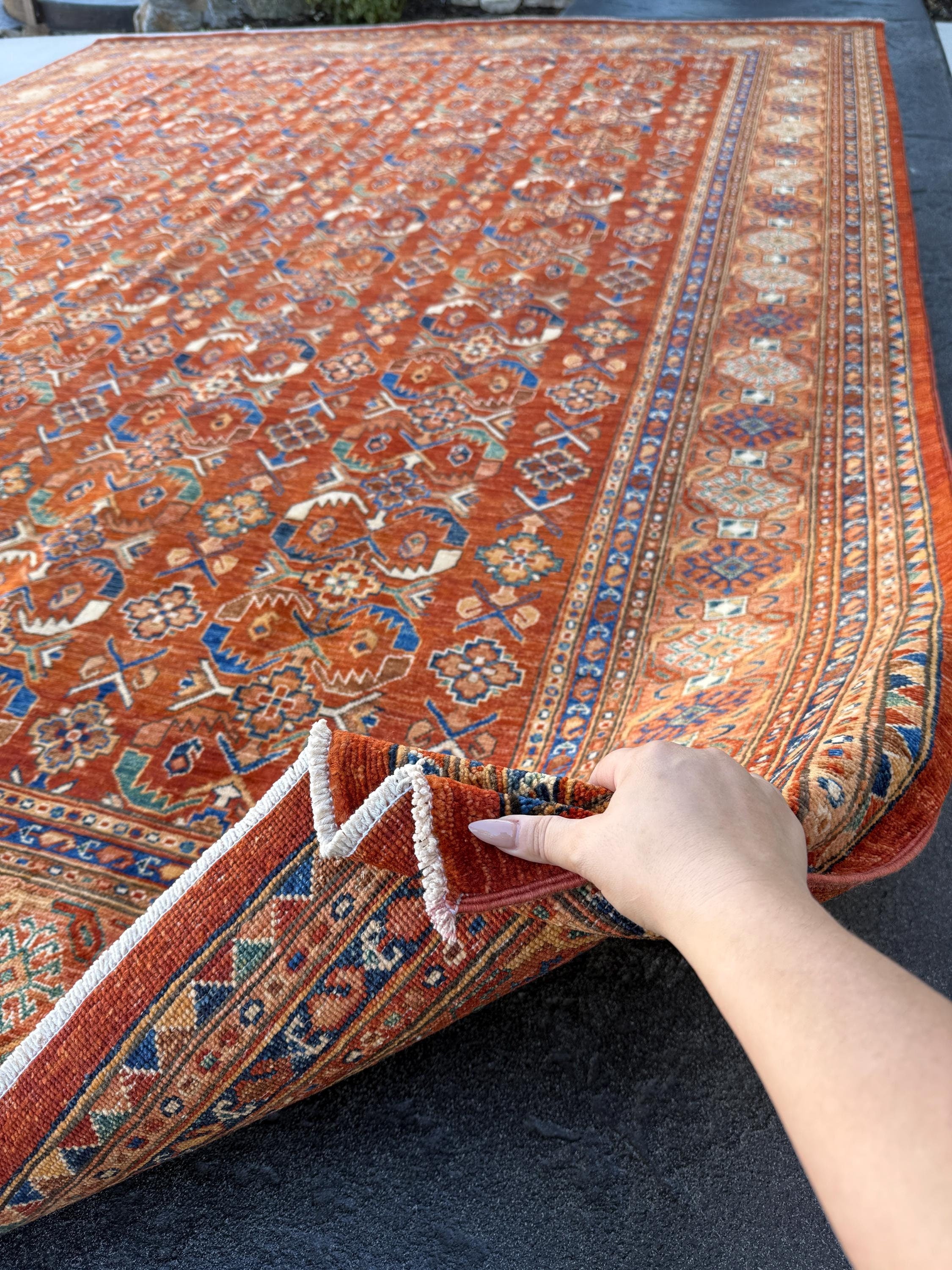 9x11-12 (270x365) Handmade Afghan Rug | Garnet Brick Red Terracotta Navy Denim Blue Teal Moss Green Rust Orange Gold Taupe Ivory Cream Beige