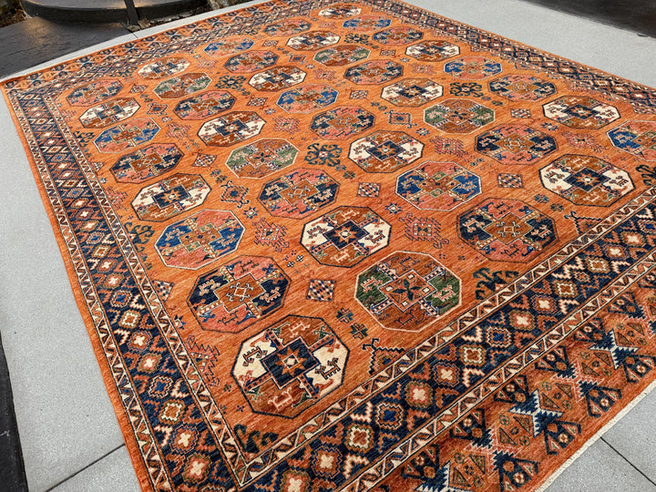 9x12 (274x366) Handmade Afghan Rug | Terracotta Orange Navy Blue Ivory Cream Forest Green Rust Red Sapphire Blue Golden Yellow | Gul Gol