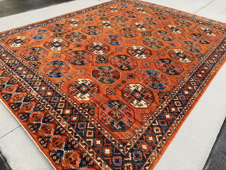 9x12 (274x366) Handmade Afghan Rug | Terracotta Orange Navy Blue Ivory Cream Forest Green Rust Red Sapphire Blue Golden Yellow | Gul Gol