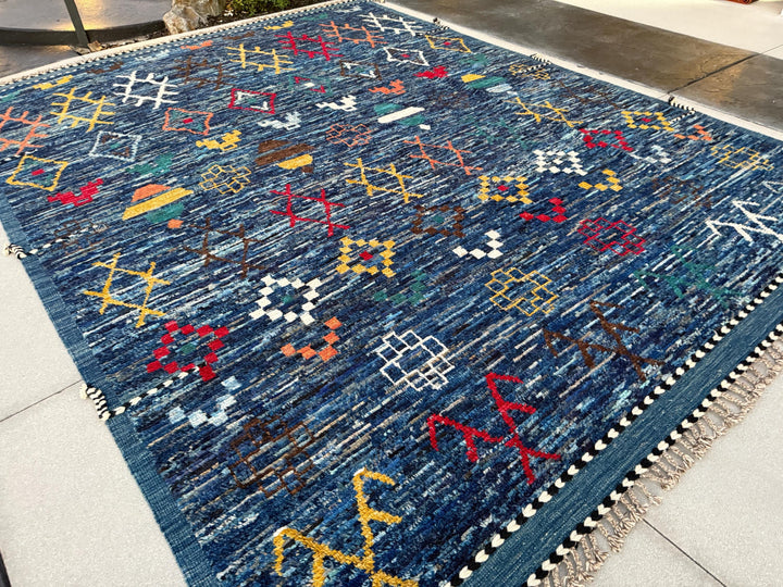 11x14 Handmade Afghan Moroccan Rug | Navy Blue Teal Bright Red Golden Yellow Ivory Cream Orange Forest Green Rust Brown | Berber Beni Ourain