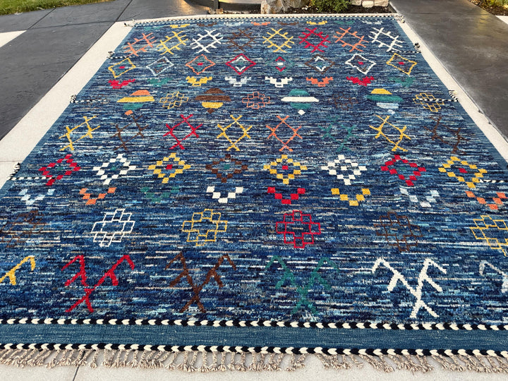 11x14 Handmade Afghan Moroccan Rug | Navy Blue Teal Bright Red Golden Yellow Ivory Cream Orange Forest Green Rust Brown | Berber Beni Ourain