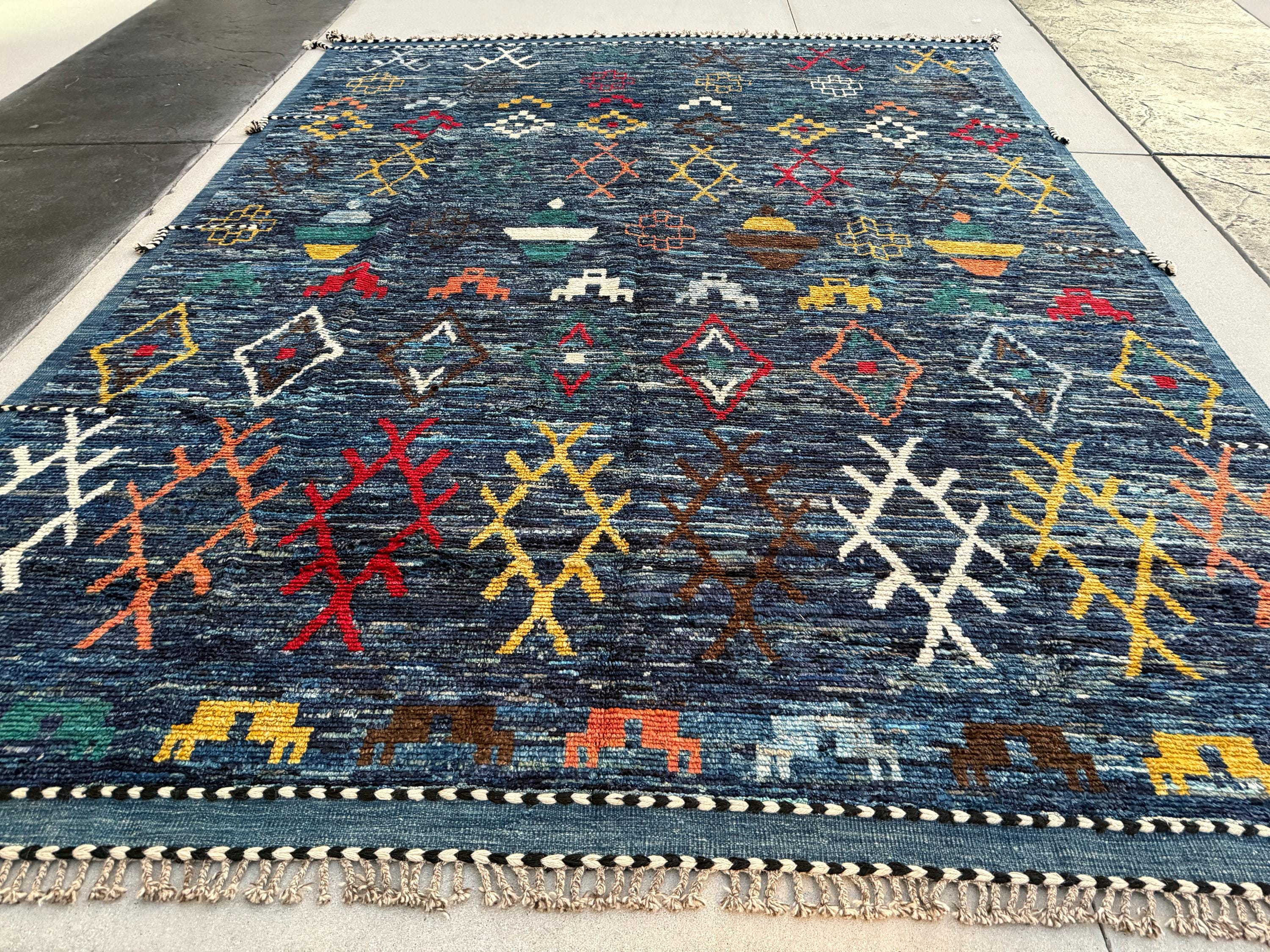 11x14 Handmade Afghan Moroccan Rug | Navy Blue Teal Bright Red Golden Yellow Ivory Cream Orange Forest Green Rust Brown | Berber Beni Ourain