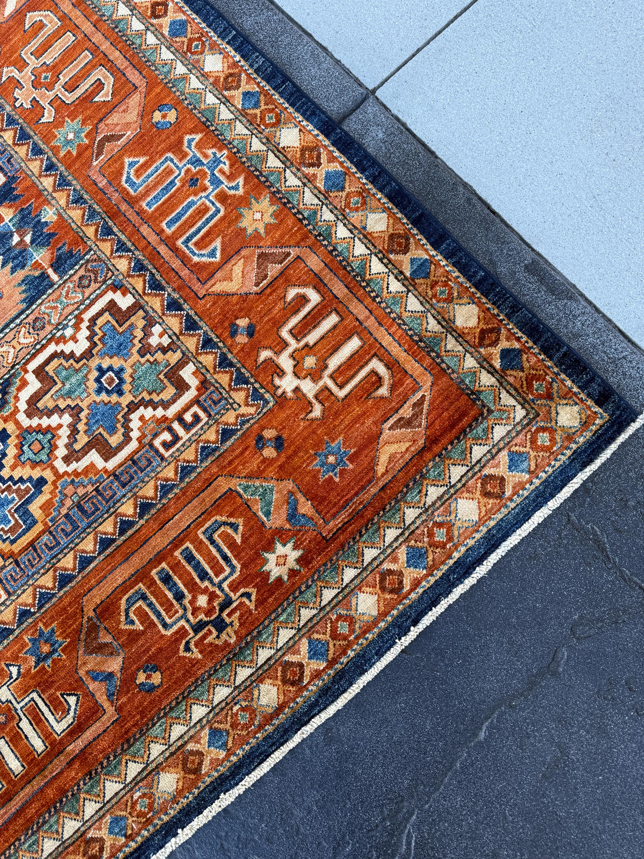 10x14 (304x 424) Handmade Afghan Rug | Terracotta Burnt Orange Navy Sapphire Denim Blue Taupe Cream Moss Forest Green Rust Red Golden Yellow