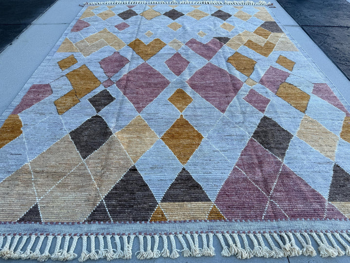 10x13 Handmade Afghan Moroccan Rug | Grey Gray Charcoal White Rose Pink Mustard Yellow Beige Sand Brown | Wool Handwoven Geometric