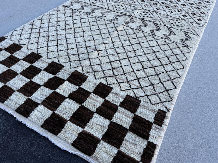 2x9/3x10 Handmade Afghan Moroccan Rug | Ivory Cream White Black | Wool Shag Plush Soft Flokati Benni | Minimalist Boho Eclectic Checkered