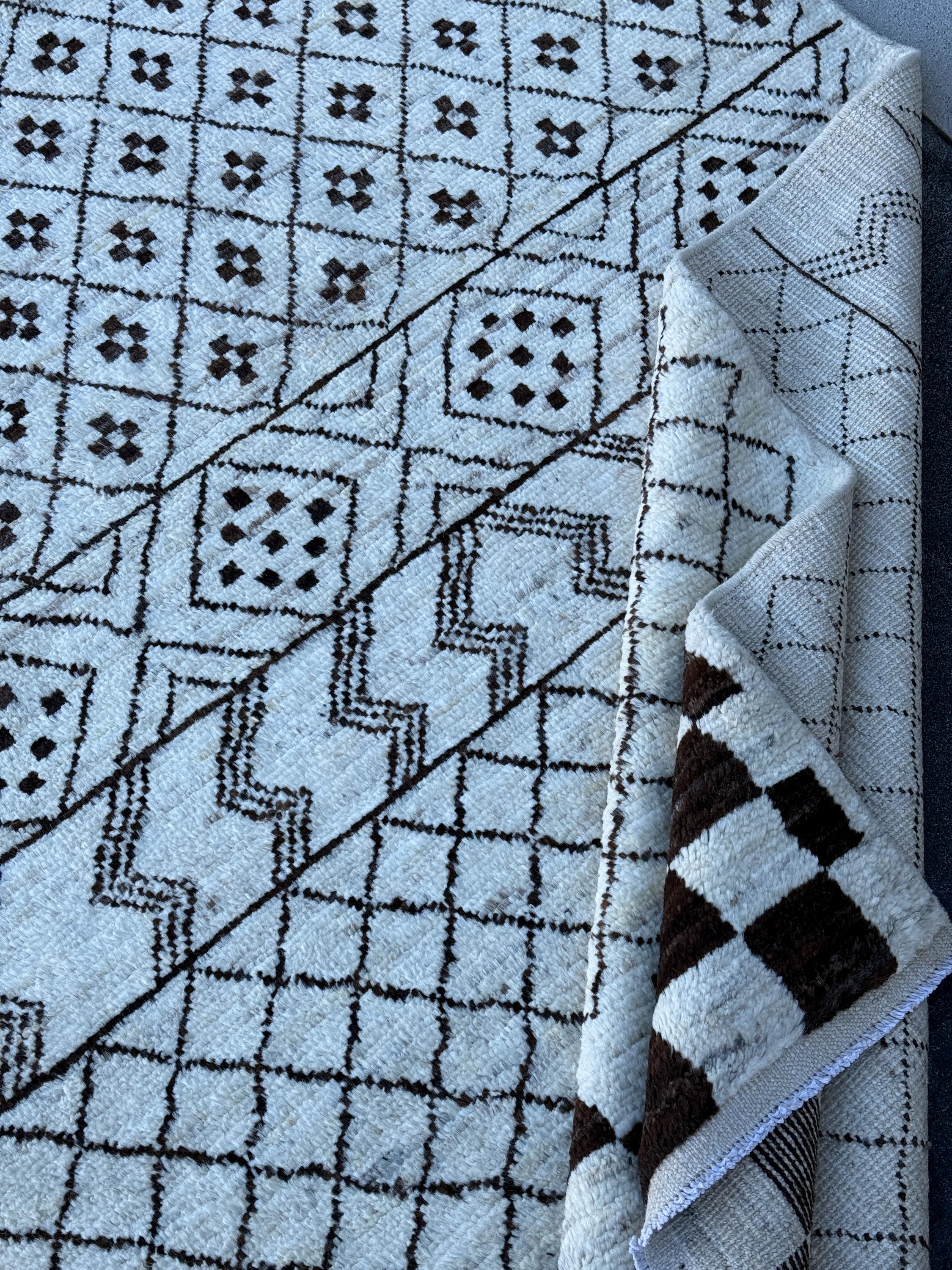 2x9/3x10 Handmade Afghan Moroccan Rug | Ivory Cream White Black | Wool Shag Plush Soft Flokati Benni | Minimalist Boho Eclectic Checkered