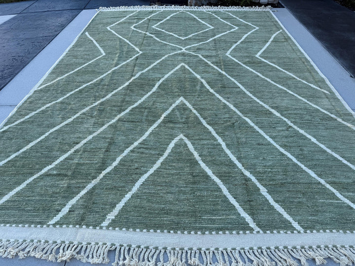 10x14 (304x426) Handmade Afghan Moroccan Rug | Sage Olive Pine Green Ivory Cream White | Handwoven Wool Tribal Handknotted Abstract