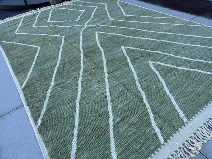 10x14 (304x426) Handmade Afghan Moroccan Rug | Sage Olive Pine Green Ivory Cream White | Handwoven Wool Tribal Handknotted Abstract