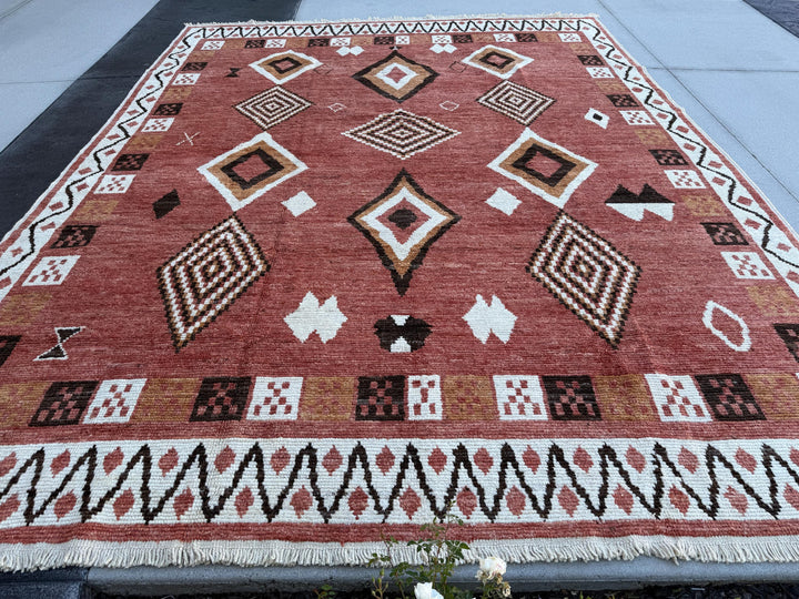 9x9 Square Handmade Afghan Moroccan Rug | Terracotta Burnt Sienna Peanut Brown Ivory Cream Charcoal Black Handwoven Tribal Wool Handknotted