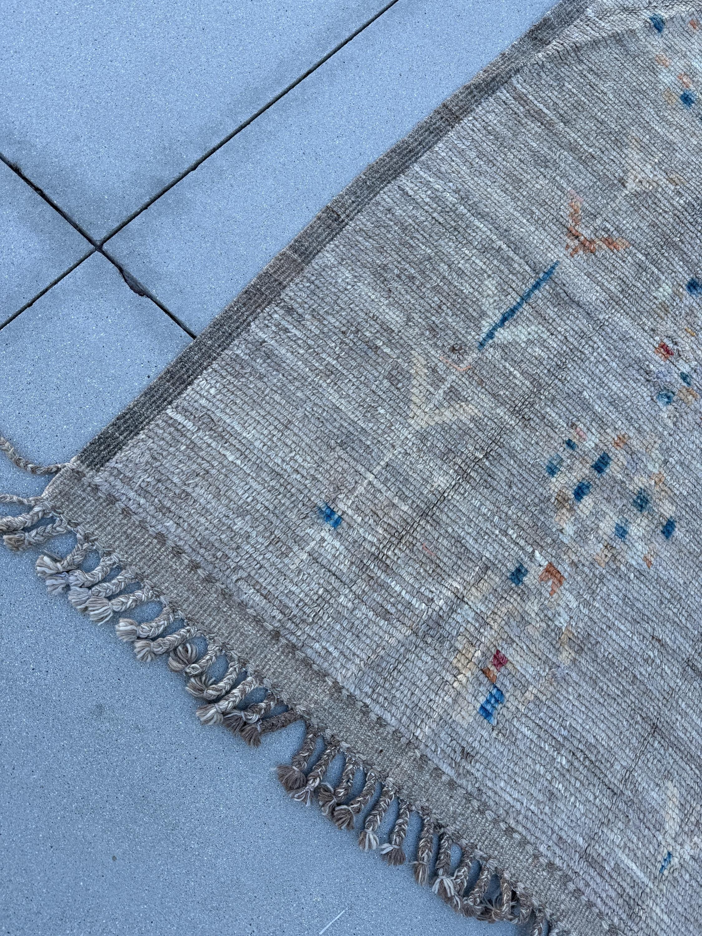 7x11 Handmade Afghan Moroccan Rug | Neutral Muted Charcoal Grey Ivory Cream Pale Gold Red Blue | Wool Minimalist Hand Knotted Plush Shag