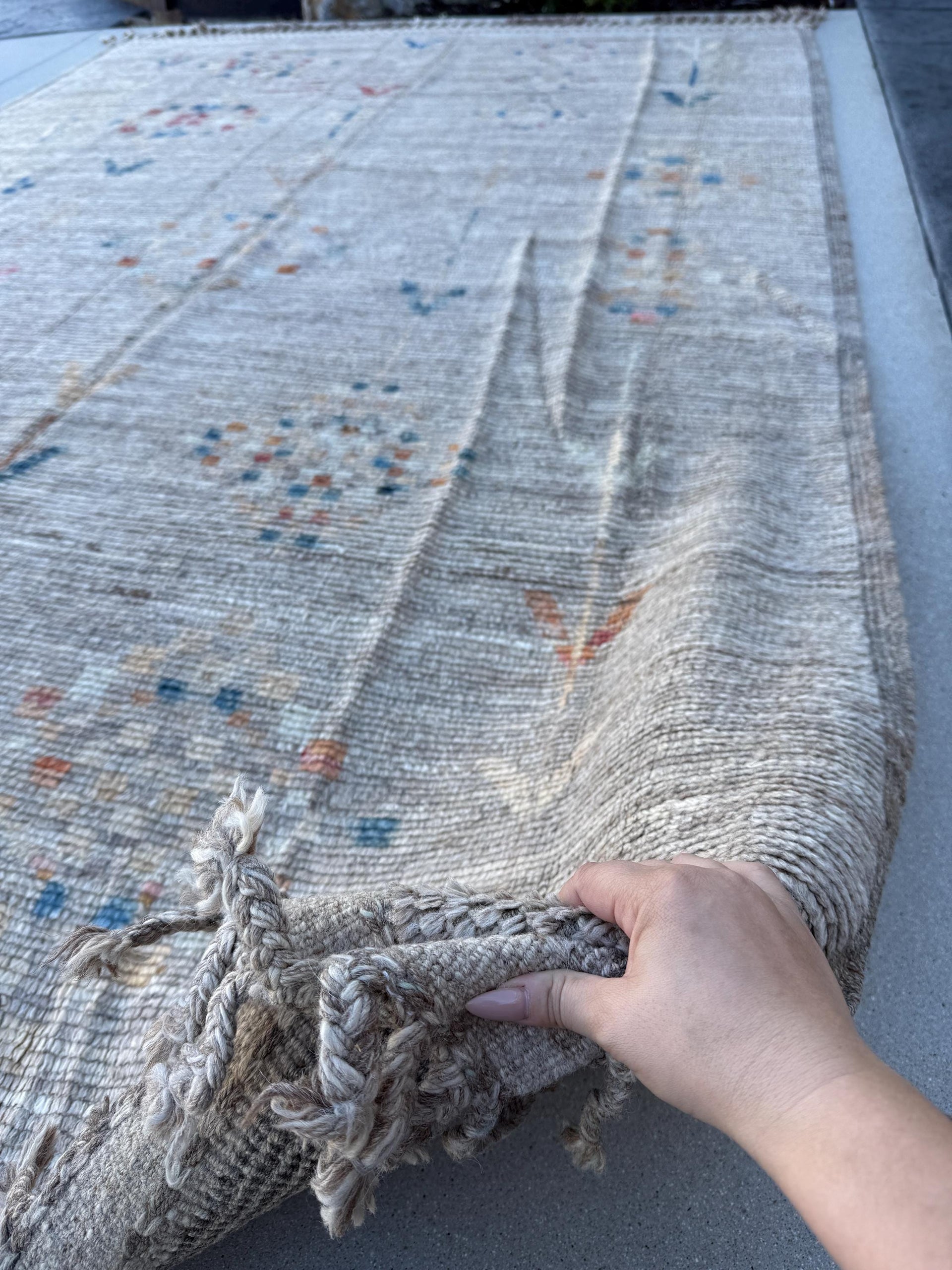 7x11 Handmade Afghan Moroccan Rug | Neutral Muted Charcoal Grey Ivory Cream Pale Gold Red Blue | Wool Minimalist Hand Knotted Plush Shag