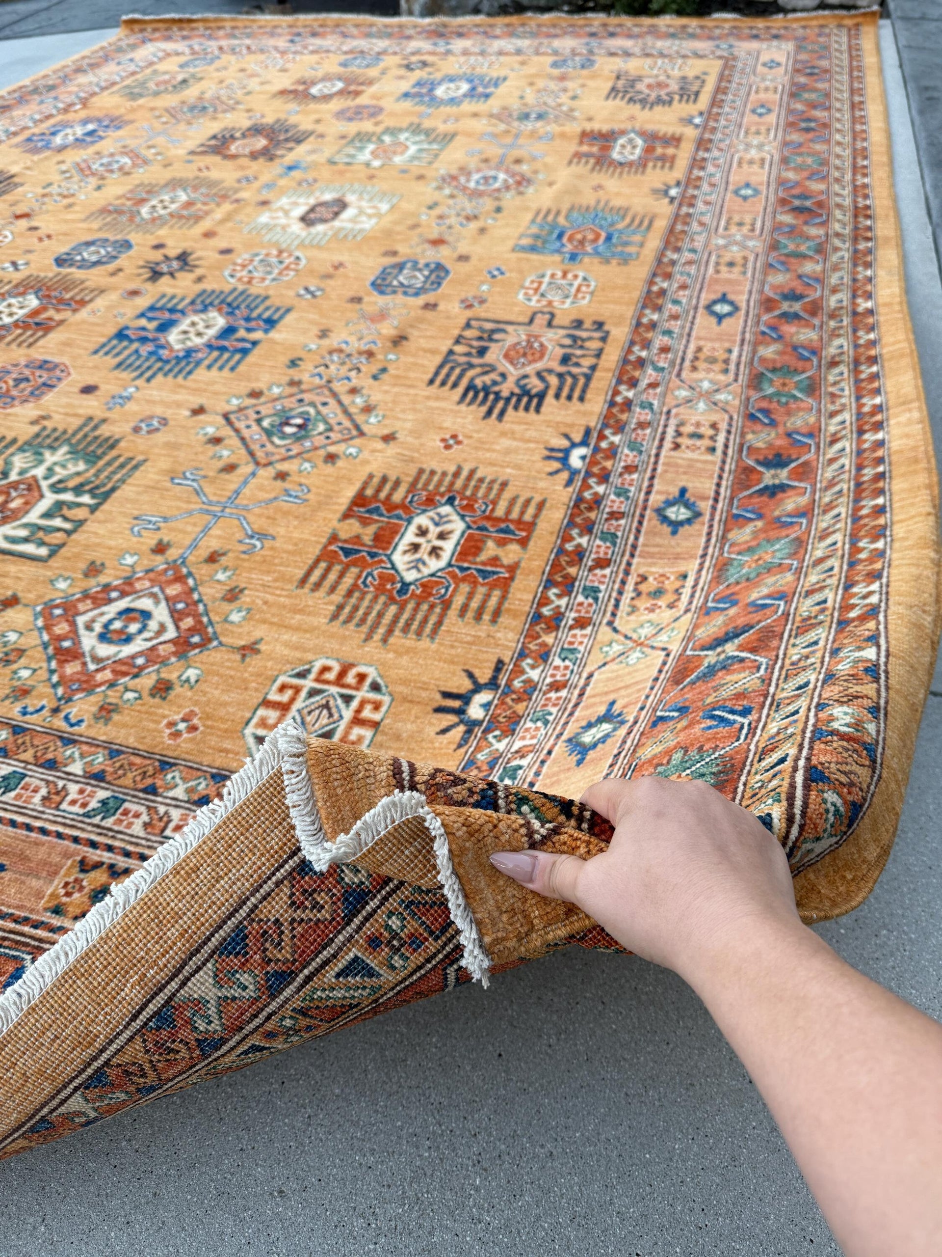 10x14 Handmade Afghan Rug | Mustard Yellow Terracotta Rust Burnt Orange Saffron Gold Copper Caramel Brown Beige Cream Navy Denim Blue Teal