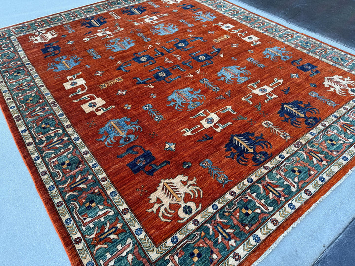 8x10 (254x299) Handmade Afghan Rug | Auburn Brick Red Denim Prussian Powder Blue Forest Green Teal Terracotta Rust Ivory Cream Saffron Gold