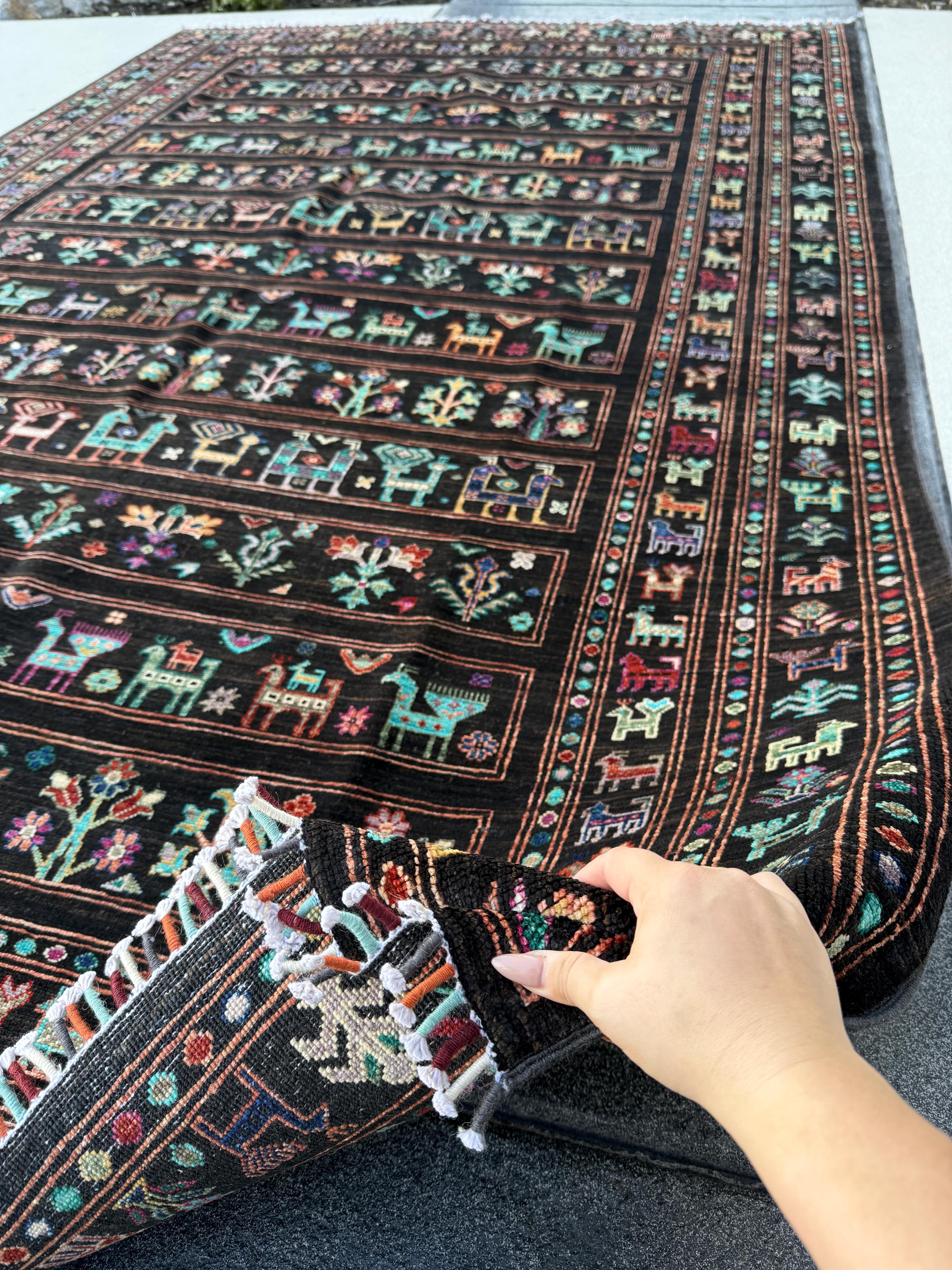 7x10 Handmade Afghan Rug | Black Turquoise Coral Red Soft Pink Golden Yellow Lavender Mint Sage Green Navy Blue Ivory Cream Burnt Orange