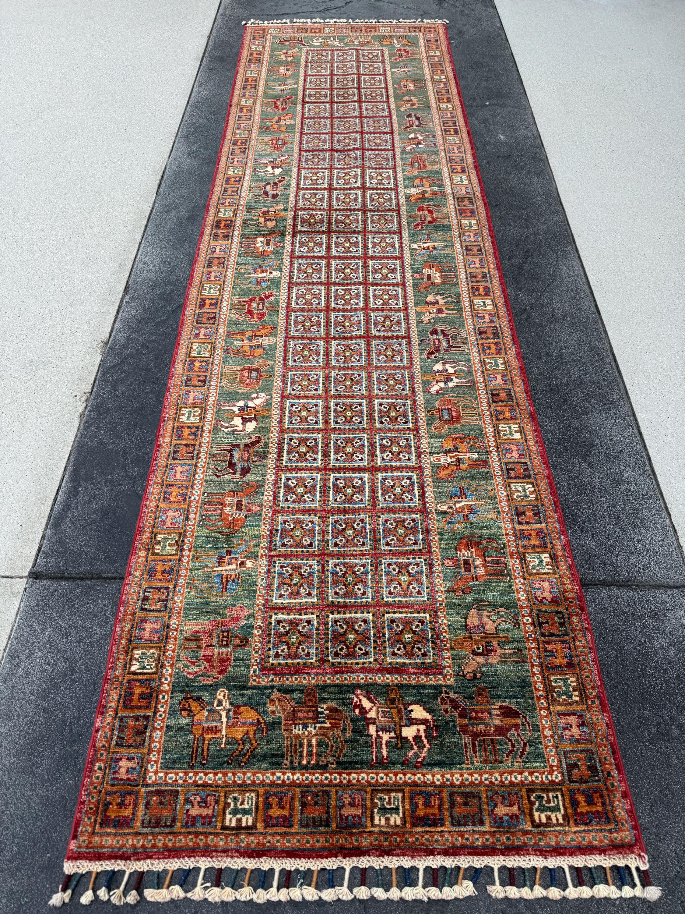 3x10 Handmade Afghan Runner Rug | Sage Forest Green Brick Red Burgundy Cream Ivory Golden Yellow Sky Navy Blue Orange Pazyryk Horse Rider