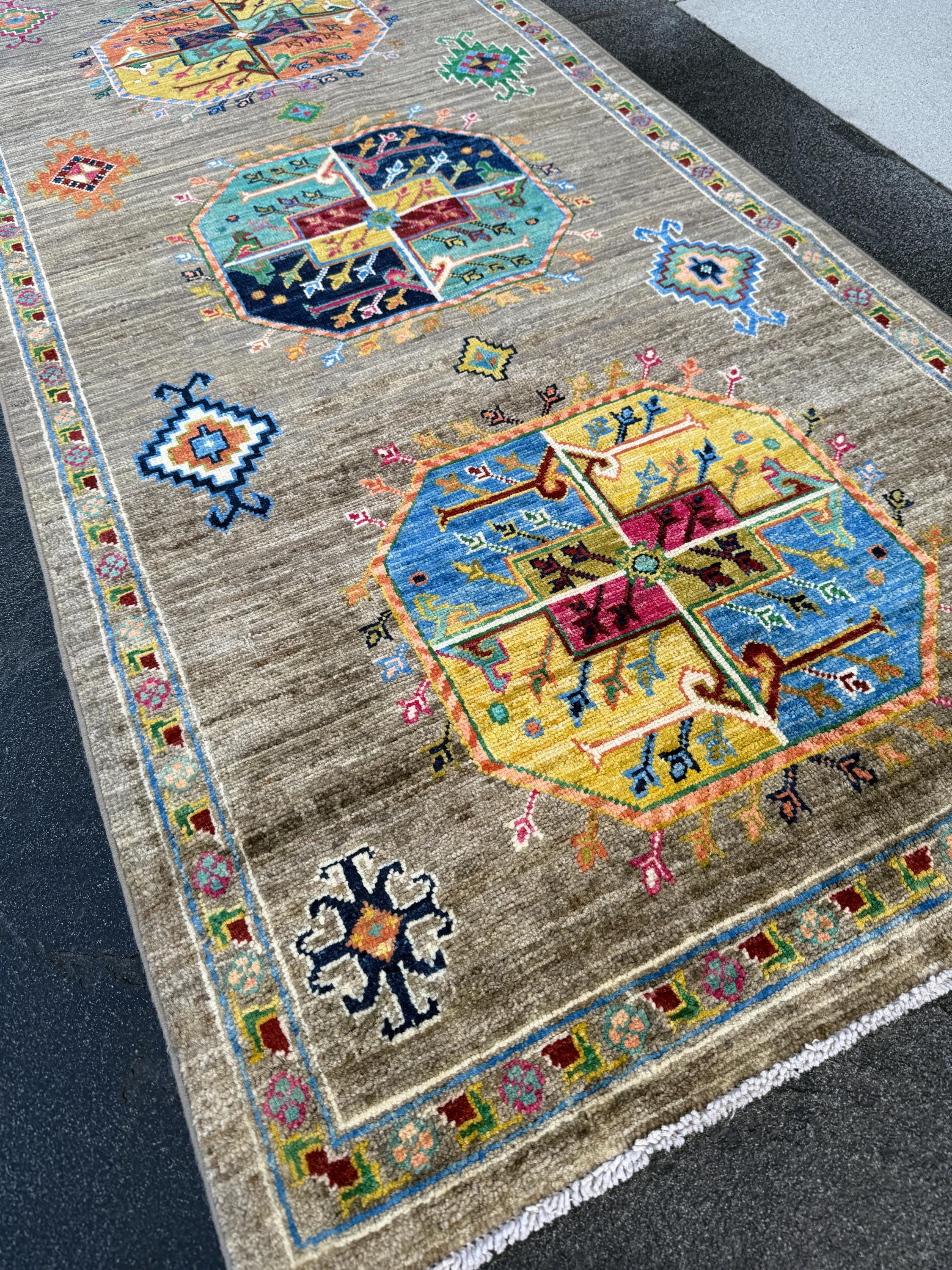 3x14 Handmade Afghan Runner Rug | Earthy Brown Teal Sky Midnight Blue Mustard Yellow Burgundy Red Pink Peach Coral Orange Forest Green Wool