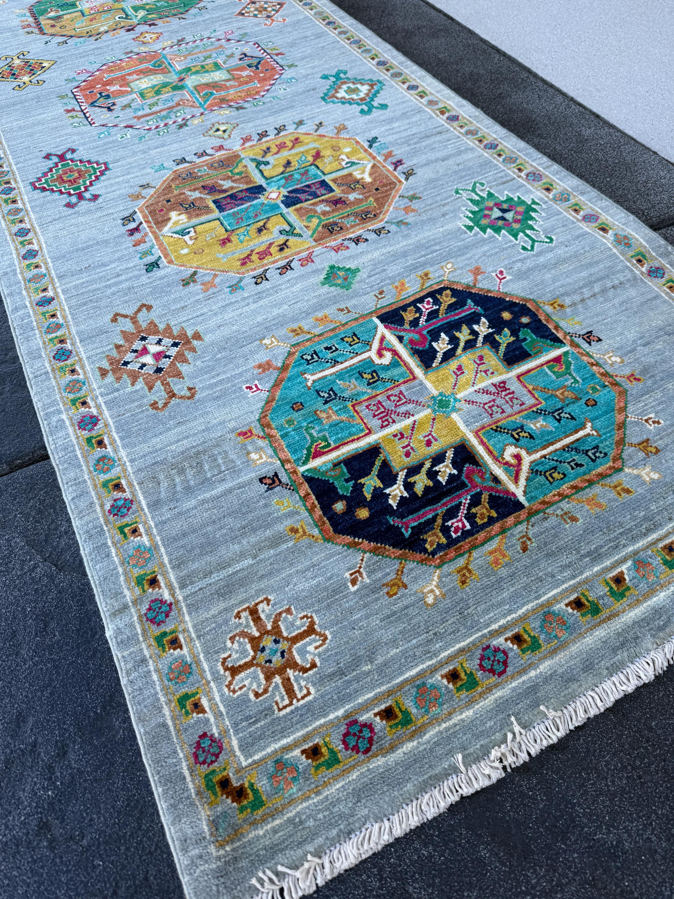 3x11 Handmade Afghan Runner Rug | Muted Grey-Blue Emerald Green Mustard Yellow Burnt Orange Teal Midnight Blue Turquoise Rose Pink Cream